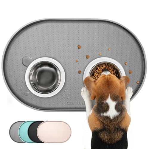 Conlun Dog Food Mat,1/2 Inch Raised Edges Cat Feeding Mat for Spill Containment,BPA-Free Silicone Pet Food Mats for Floor Waterproof,Rubber Dog Placemats for Food and Water Bowls(Grey,19"x12") - color: Turquoise, size: 19 x 12" - Standard