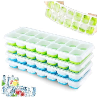 Ice Cube Trays 4 Pack, Airabc Silicone with Removable Lid, Easy-Release Flexible 14-cube Trays, LFGB Certified and BPA Free, Stackable Covers for Cocktail, Freezer - color: Blue+green