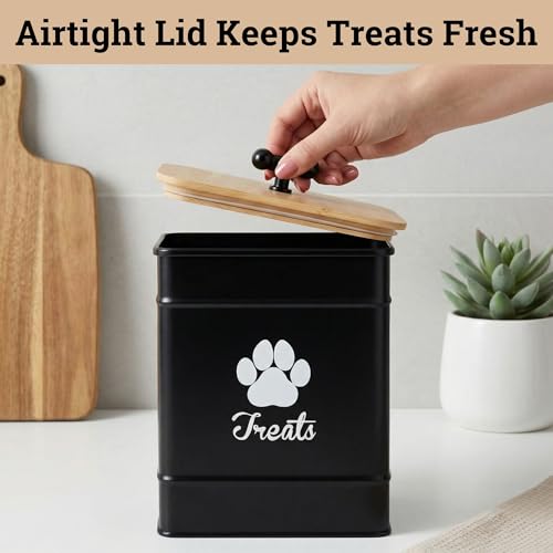 Dog Treat Container Airtight - 6 Inch Wide x 8 Inch Tall Iron Dog Treat Jar for Kitchen Counter with Airtight Bamboo Lid - 12 Cup Capacity Pet Treat Container - Doggie Cookie Jar - Big Treats Canister - color: Black