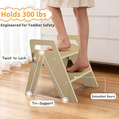 Wooden 2 Step Stool for Toddler Kids Bathroom Foldable 2-Step for Toilet Potty Training, Child Stepping Stool for Kitchen Nursery Bedroom - color: Wooden