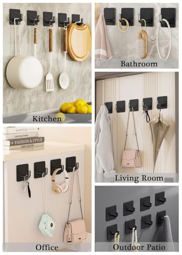 Adhesive Hooks for Hanging, Self-Adhesive Wall Hook for Key Hat Coat, No Drill Stick on Bathroom Towel Hooks, Shower Kitchen Door Home Outdoor 8 Pack, Black - style: S-Black-90°