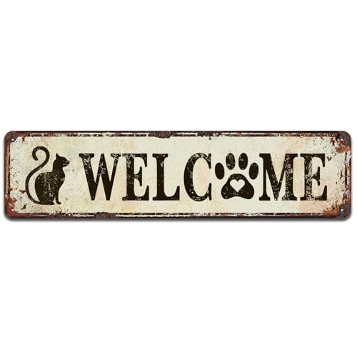 Cat Welcome Metal Signs, Yard Metal Art, Entrance Wall Decoration, Garden Decor for Outside, House Warming Gifts New Home, Vintage Tin Sign 4 x 16 Inch - color: V-137