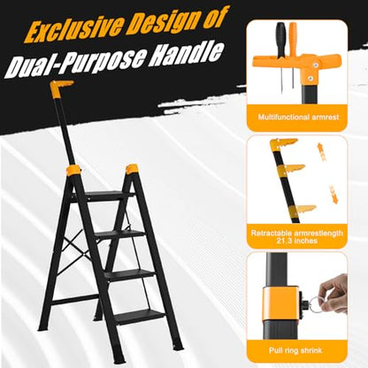 4 Step Ladder with Single-Handrail, Aluminum Step Stool Foldable, Lightweight Sturdy Step Ladder with Anti-Slip Pedals,Convenient Handrail for Home Kitchen Closet, 600lbs Max Load Capacity (Yellow) - color: Yellow, size: 4 steps