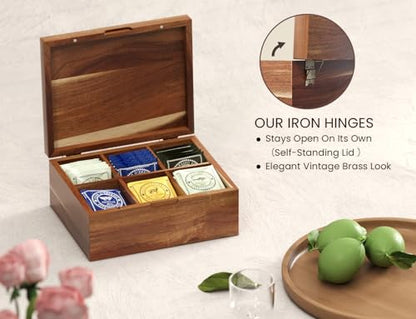 Acacia Wood Tea Bag Organizers, Tea and Sugar Packet Storage Chest with Lid, Wooden Teabag Holder Containers,Storage Box Teabox with 6 Compartments - size: Six grids