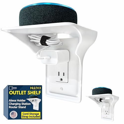 Power Perch Outlet Shelf Organizer for Alexa Echo Dot, HomePod Mini Speakers, Phone - Wall Outlet Holder with Cord Storage Strap - Socket Shelf Bathroom Kitchen Counter Charging Station - White 2 Pack - color: White, size: Single Outlet 2 Pack