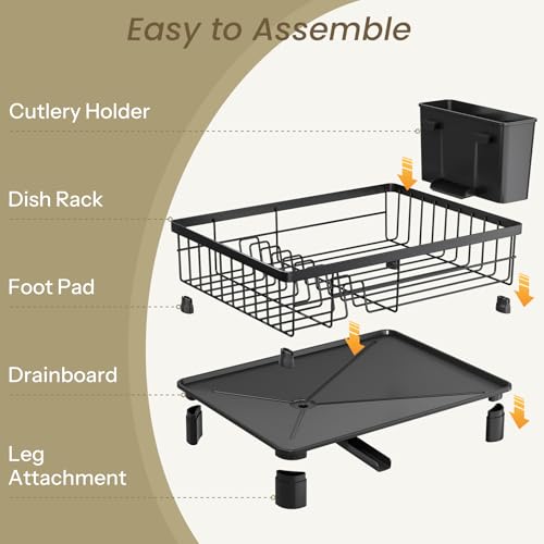 SNTD Dish Drying Rack - Space-Saving Dish Rack for Kitchen Counter, Stainless Steel Dish Drainer with Utensil Holder and Drainboard, 11" W x 15" L (Black) - color: Black, size: 11" W x 15" L