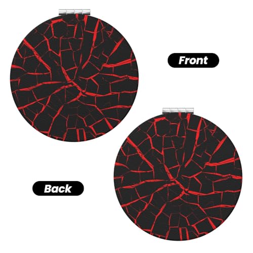 Cracks Red Black Print Foldable Travel Pocket Mirror Round PU Leather Portable Mini Makeup Double Sided Handheld Magnifying,2.6 in - color: Cracks Red Black