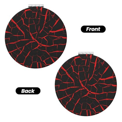 Cracks Red Black Print Foldable Travel Pocket Mirror Round PU Leather Portable Mini Makeup Double Sided Handheld Magnifying,2.6 in - color: Cracks Red Black