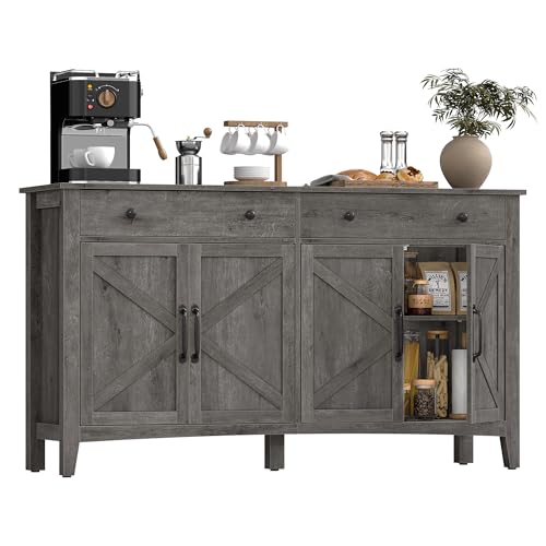 VASAGLE LIRY Collection - Buffet Cabinet, Coffee Bar Cabinet with 2 Drawers, Adjustable Shelves, Sideboard Storage with Cable Holes, Drawer Dividers, Misty Gray UBBK381GW01S - color: Misty Gray, size: 2 Drawers + 4 Doors (55.1"W)