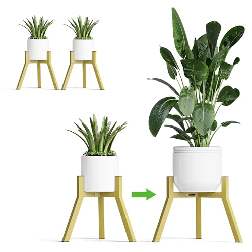 Adjustable Plant Stands Set of 2, Metal Small Plant Holder, Heavy Duty Stable Flower Holder Stand Rack for Various Pot Sizes Indoor Outdoor Corner Living Room Balcony Office Golden PS-007GY-2