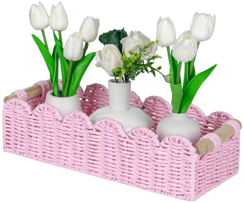 CubesLand Paper Rope Scalloped Edge Gift Basket Empty, Small Living Room,Bedroom Decor Baskets, Pink Woven Toilet Paper Storage Basket, with 2 Wooden Handle, Rectangular - color: Pink, size: m - 14 X 6.3 X 3.9in