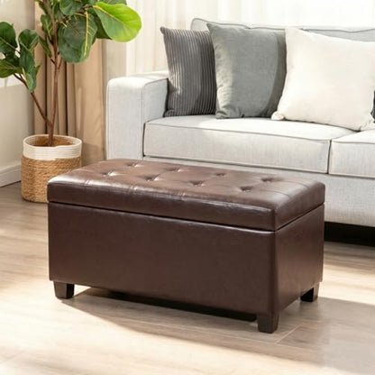 Asense Storage Ottoman Bench,Faux Leather Upholstered Ottoman with Storage,End of Bed Bench with Safety Hinge Wooden Legs,for Entryway,Bedroom,Living Room - color: 37" Dark Chocolate Faux Leather