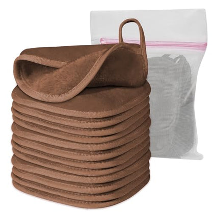 Natwag Makeup Remover Cloth, 6" x 6" Make Up Towels Reusable Face Cloth for Washing Face, Makeup Remover Pads Microfiber Face Washcloth with Mesh Bag, Just Water, 12 Pack, Brown - color: Brown