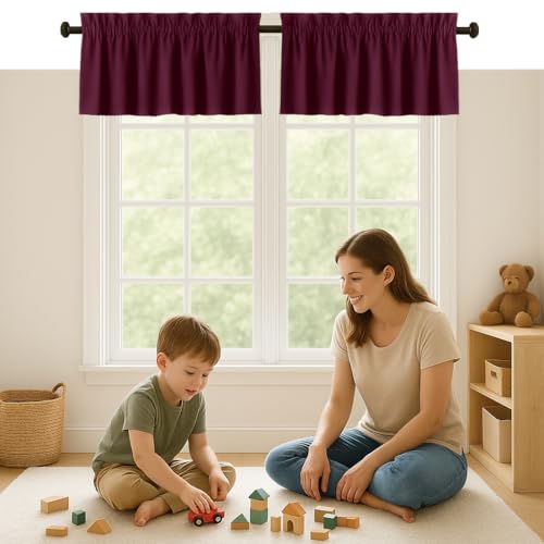 Burgundy Valance Curtains 2 Pack, 54x18 Inches, 100% Cotton, Rod Pocket Window Valances, Semi Sheer Short Curtain for Kitchen, Farmhouse, Café, Bedroom, Bathroom, Living Room Décor - color: Burgundy, size: 18"W x 54"L (Pack of 2)