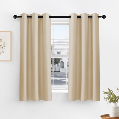 PONY DANCE Biscotti Beige Short Blackout Curtains for Kitchen 45 Inch Length, Thermal Insulated Grommet Curtains for Bedroom, Black Out Drapes for Bathroom Small Window (2 Panels Set, 34 inches Wide) - color: Biscotti Beige, size: 34"W x 45"L (Pack of 2)