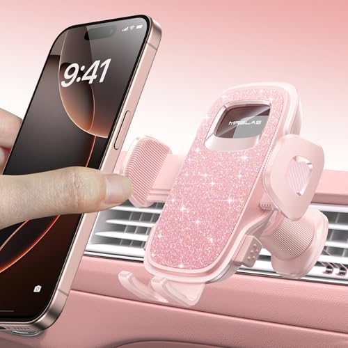 MRGLAS 2025 Upgraded Phone Holders for Your Car with New Metal Hook Clip, Handy Air Vent Cell Phone Car Mount for iPhone [One Hand Operation], Universal Car Accessories Gifts for Women/Mom/Sister - color: Pink