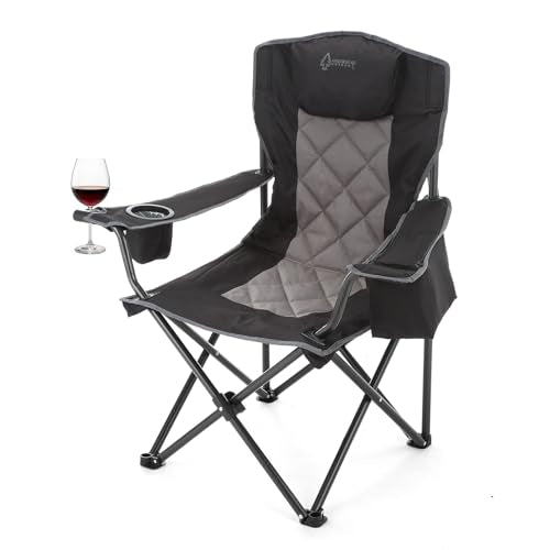 ARROWHEAD OUTDOOR Portable Deluxe Folding Camp Quad Chair w/Headrest, Glass & Cup Holders, Armest 6-can Cooler, Heavy Duty Carry Bag, 550 lbs Weight Capacity - color: Black