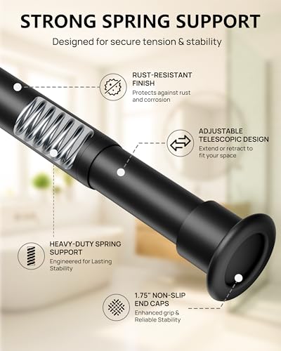 Tension Curtain Rod by EZFurni, 35 to 76 Inches, Spring Loaded Curtain Rods No Drilling, Renter Friendly Tension Rod for Closet, Window, Bathroom, Anti-slip, Screwless, Black - color: Black, size: 35-76 Inches