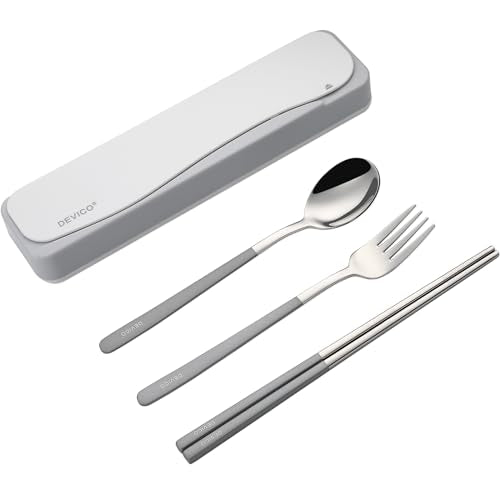 DEVICO Travel Utensils With Case, 18/8 Stainless Steel Camping Utensils, Reusable Portable Silverware Cutlery Set For Lunch Box, Include Fork Spoon Chopsticks - color: Gray