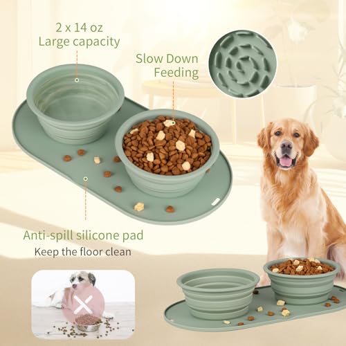 Puppy Dog Bowl,Travel Bowls Dog Food Bowls&Dog Water Bowls,No Spills,Collapsible Double Bowl,Suitable for Small and Medium Sized Dogs(Green) - color: green