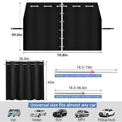 XCBYT Car Privacy Divider Curtains (3-Pack), Rigid Rod-Mounted Total Blackout Set - No Sag, No Strings - Rear Seat Divider & Side Window Shades for Car Camping, Baby Naps - color: Full Set 3-Pack(Divider+Sides)