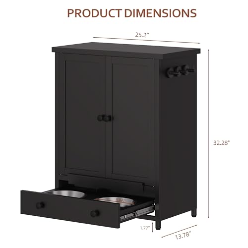 Dog Feeding Station with Storage, Metal Dog Food Storage Cabinet with 2 Elevated Bowls and 3 Hooks, Pet Feeding Station and Food Storage Organizer, Black - size: Metal Black