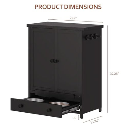 Dog Feeding Station with Storage, Metal Dog Food Storage Cabinet with 2 Elevated Bowls and 3 Hooks, Pet Feeding Station and Food Storage Organizer, Black - size: Metal Black