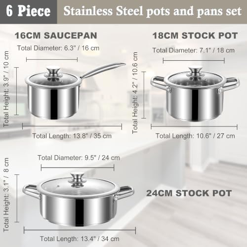 Stainless Steel pots and pans set, 6 Piece Nonstick Induction Kitchen Cookware Set, Works with Induction/Electric and Gas Cooktops, Nonstick, Oven Safe, Camping Cookware - size: 6