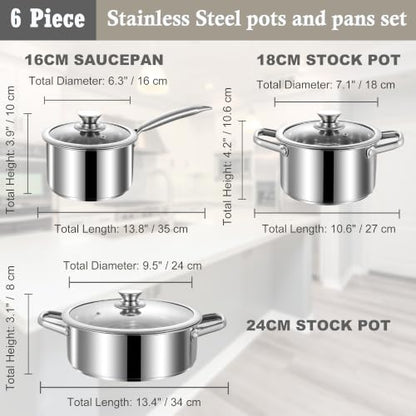 Stainless Steel pots and pans set, 6 Piece Nonstick Induction Kitchen Cookware Set, Works with Induction/Electric and Gas Cooktops, Nonstick, Oven Safe, Camping Cookware - size: 6