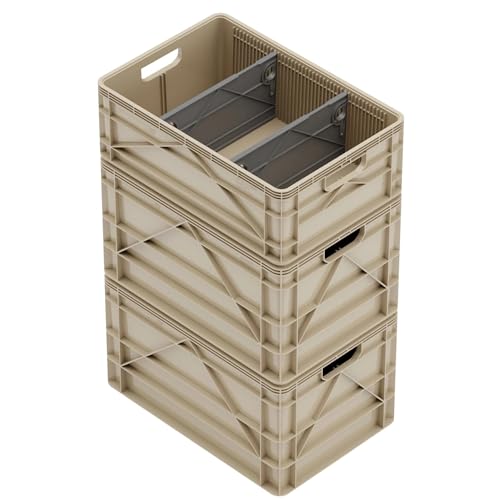 SIDIO Crate Basic Pack - 2 Full-Size & 1 Half-Size Heavy Duty Stackable Storage Bins, Totes and Containers with Dividers - Durable Plastic Organizer for Home, Office, Garage, and Outdoor Use (Tan) - color: Tan