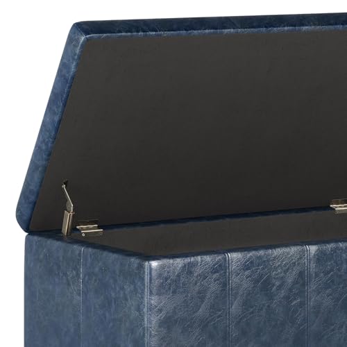 SIMPLIHOME Dover Storage Ottoman Bench - 36 inch Wide Upholstered Vegan Leather Rectangular Lift-Top Ottoman in Denim Blue, Contemporary Bench for Living Room with Safety Hinges - color: Denim Blue