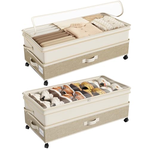 Kitstorack 2Pack Height-adjustable Under Bed Storage with Wheels, Under Bed Storage Containers,Under Bed Shoe Storage Organizer with Clear Window&Label, Suitable for Clothes Storage, Beige & Linen - color: Beige & Linen, size: 2 Pack