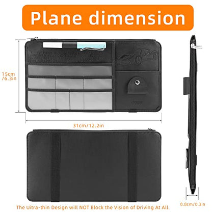 Leather Car Sun Visor Organizer for Cars, Trucks & SUVs: Features Sunglasses Holder, Secure Zipper Pockets, and 6 Clear Windows for Registration, Driver's License, and Insurance Card（black）