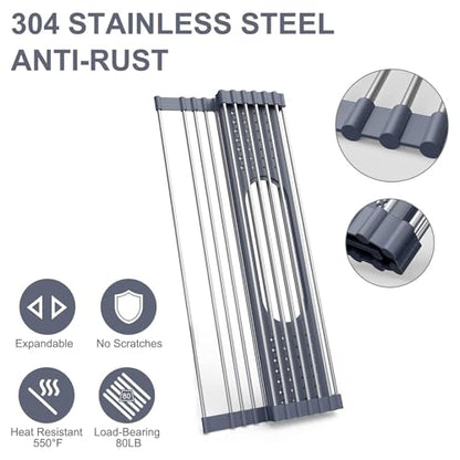 LEMIKKLE 17" x 15" Roll Up Dish Drying Rack Over The Sink Dish Drying Rack,Multi-Purpose Kitchen Rolling Dish Drainer Foldable SUS304 Stainless Steel Dish Drying Rack - color: Grey (for Size 17" X 15")