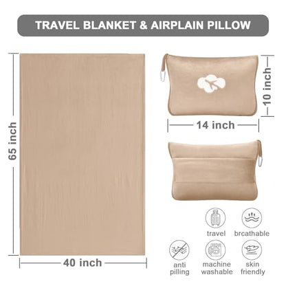 Travel Blanket and Pillow Compact, Premium Soft 2 in 1 Airplane Blanket with Soft Bag Pillowcase，Hand Luggage Sleeve and Backpack Clip (Brown) - color: Light Brown
