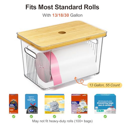 2 Pack Trash Bag Holder with Bamboo Lid, Stackable Acrylic Trash Bag Dispenser Roll Holder Under Sink, Plastic Container Garbage Bags Storage Organizer for Kitchen, Pantry, Laundry Room Organization