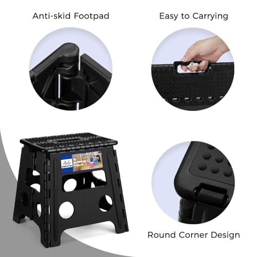 ACKO Folding Step Stool 13 inch Height Premium Heavy Duty Foldable Step Stools for Adults and Kids, Kitchen Plastic Small Collapsible Stepping Stool Hold Up to 300 LB Dot Black (1 Pack) - color: Dot Black, size: 13 Inch