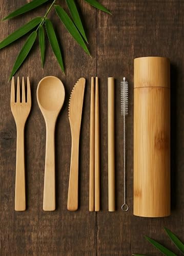 Eco-Friendly Travel Utensils Set: Lightweight Bamboo Forks, Spoons, Knives, Chopsticks, Straw in Wooden Case, Reusable Utensils for Lunch Box, Kids Camping Cutlery, Sustainable Portable Flatware - size: 6-piece