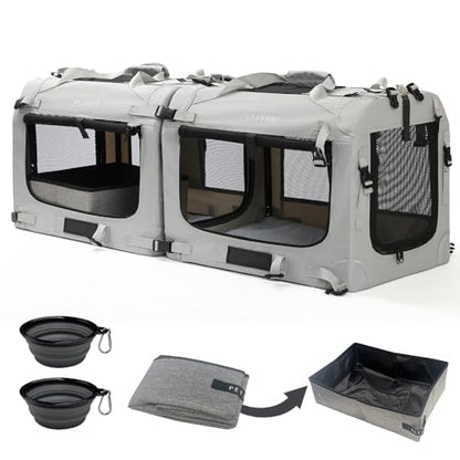 Extra Large Cat Carrier Soft Sided, Portable Small Dog Carrier for 2 Cats, 24"x16.5"x16" Car Travel Folding Comfortable Design with Litter Box and Bowls, Grey-2+ Litter Box+ Bowl*2 - color: Grey-2