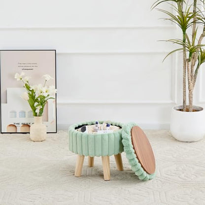 Wimarsbon Storage Ottoman, Modern Round Footrest with Soft Padded Seat, Teddy Velvet Footstool with Wood Legs, Accent Small Table or Plant Stand for Hallway, Living Room (Light Green) - color: Light Green