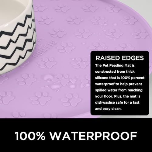 Comtim Waterproof Dog Food Mat - 2 Pack Silicone Pet Food Mat Dog Food Bowl Mats Cat Water Mats Eating Tray, Non-Slip Pet Placemat with Lip for Messy Drinkers to Protect Floor, Lavender 11"×11" - color: Lavender