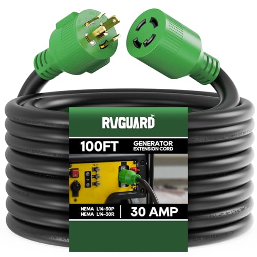 RVGUARD 4 Prong 30 Amp 100 Foot Generator Extension Cord, NEMA L14-30P/L14-30R, 125/250V Up to 7500W 10 Gauge SJTW Generator Cord with Cord Organizer, ETL Listed - size: 100FT