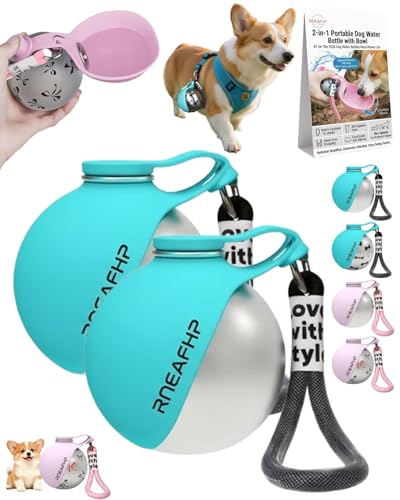 Dog Water Bottle with Bowl 2-in-1 Portable Leak Proof 10 OZ Puppy Travel Drink Dispenser for Large Medium Small Breeds Stainless Steel Hydration Tumbler Buddy Cup for Dogs Pets Outdoor(2Blue A) - color: 2Blue A
