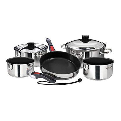 Magma 10 Piece Gourmet Nesting Stainless Steel Cookware Set with Ceramica Non-Stick, Induction Compatible, Oven Safe to 500°F - Suitable for All Stovetops, Removable Handles, Silver - color: Stainless Steel, style: 10 Piece, Non-stick
