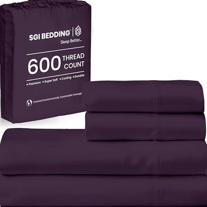 SGI bedding Queen Bed Sheets Set – Premium 600 TC Egyptian Cotton, Crisp & Cooling Sateen Weave, Extra Soft Hotel Collection, Fits Mattresses Up to 16 Inch Deep, Breathable & Long Lasting – Plum - color: 08 - Plum, size: Queen