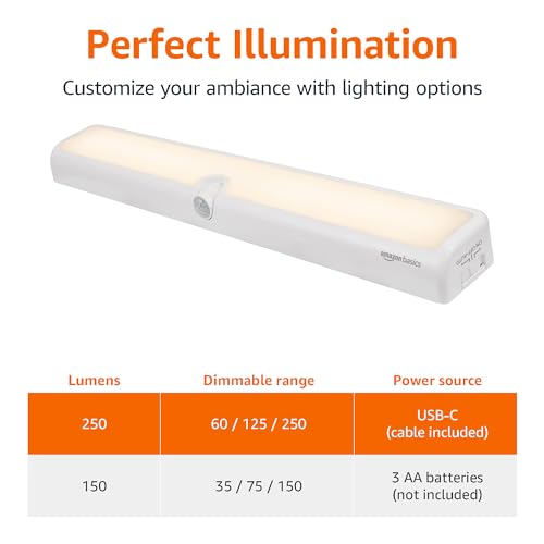 Amazon Basics LED Motion Sensor Light Bar, USB/Battery Operated, 250 Lumens, 12 Inches, Swivel, Under Cabinet Lighting for Closet, Kitchen, 2-Pack, White - style: LED Light Bar, Sensing Swivel