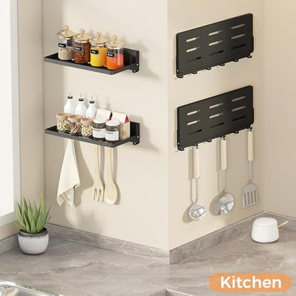 Small Folding Metal Shelf with Hooks, Fold-up Wall Shelf, 6 Hooks, Drop Down Floating Shelf for Laundry Room, Kitchen, RV, Toilet Room, Garage, Utility, Black（11.8", 1 Pack） - color: 11.8" , 1-pack