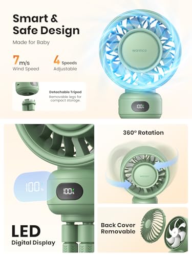 Warmco Portable Stroller Fan, 4000mAh Rechargeable Clip On Fan with Flexible Tripod (Up to 15H), 4 Speeds, LED Display, Detachable Grille, Quiet Operation, for Car Seat, Crib & Treadmill - color: Green