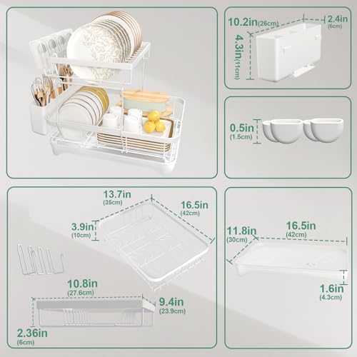 Dish Drying Rack, Two-Tier Dish Drying Rack with Utensil Holder and Cutlery Tray – Auto-Draining Large Capacity Dish Drainer with Drainboard for Kitchen Counter, White - color: 2-tier - White