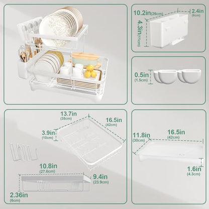 Dish Drying Rack, Two-Tier Dish Drying Rack with Utensil Holder and Cutlery Tray – Auto-Draining Large Capacity Dish Drainer with Drainboard for Kitchen Counter, White - color: 2-tier - White